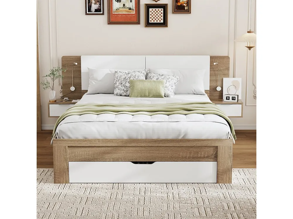 Lit 140x200cm, avec plusieurs tiroirs, sommier à lattes et tête de lit avec 2 chevets, MDF, coloris blanc + chêne
