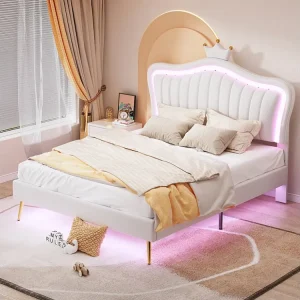 Lit adulte 140 x 200 cm - Lit tweeling en cuir PU avec lampes LED et sommier à lattes et tête de lit en couronne (coiffure...