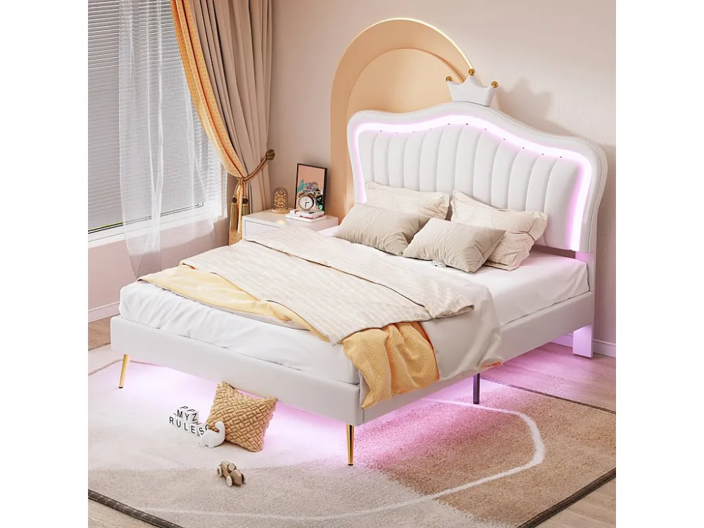 Lit adulte 140 x 200 cm - Lit tweeling en cuir PU avec lampes LED et sommier à lattes et tête de lit en couronne (coiffure...