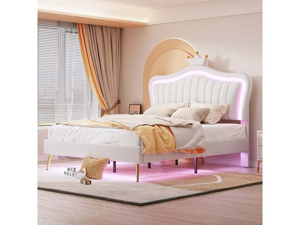 Lit adulte 140 x 200 cm - Lit tweeling en cuir PU avec lampes LED et sommier à lattes et tête de lit en couronne (coiffure...