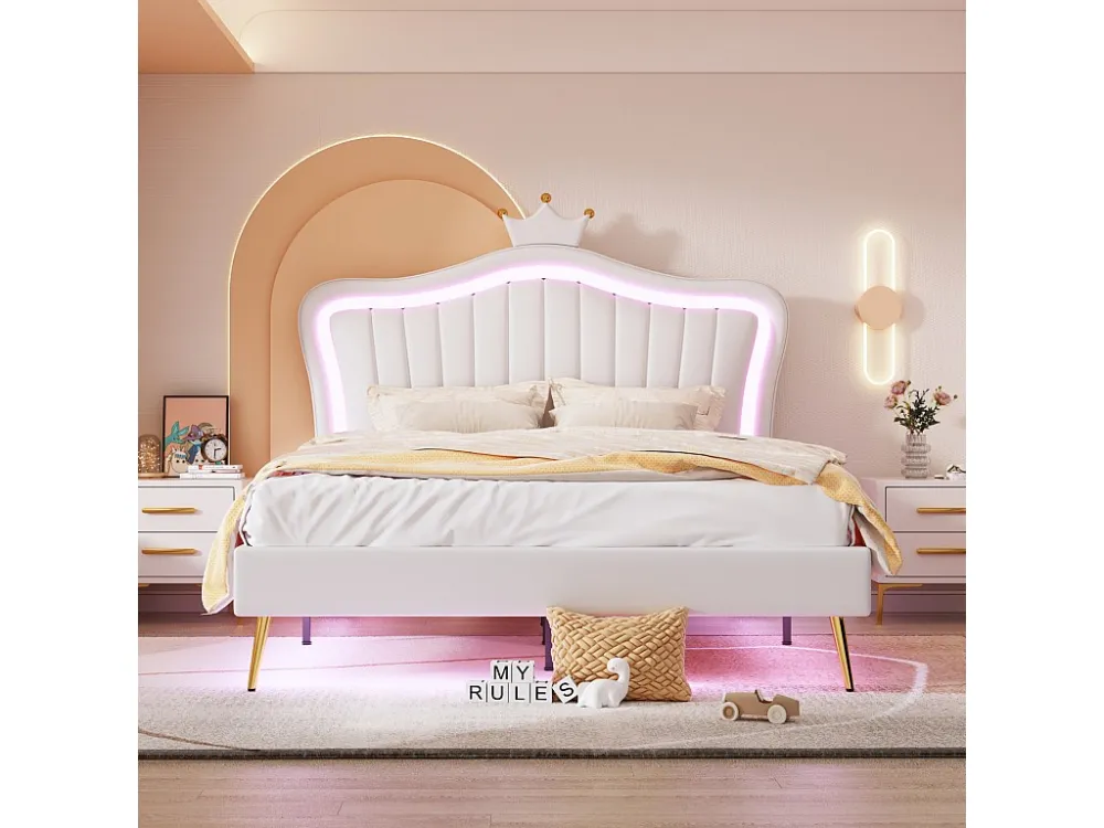 Lit adulte 140 x 200 cm - Lit tweeling en cuir PU avec lampes LED et sommier à lattes et tête de lit en couronne (coiffure...