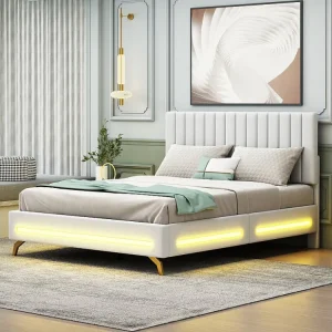 Lit adulte capitonné 140x200cm, cadre de lit avec lampes LED, sommier à lattes, tête de lit réglable, tissu velours, pour...