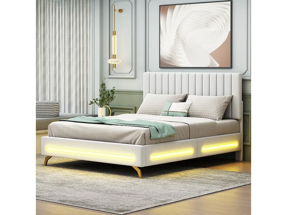 Lit adulte capitonné 140x200cm, cadre de lit avec lampes LED, sommier à lattes, tête de lit réglable, tissu velours, pour...