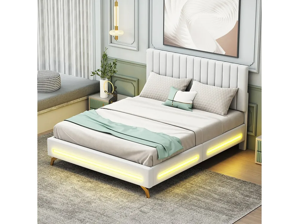 Lit adulte capitonné 140x200cm, cadre de lit avec lampes LED, sommier à lattes, tête de lit réglable, tissu velours, pour...