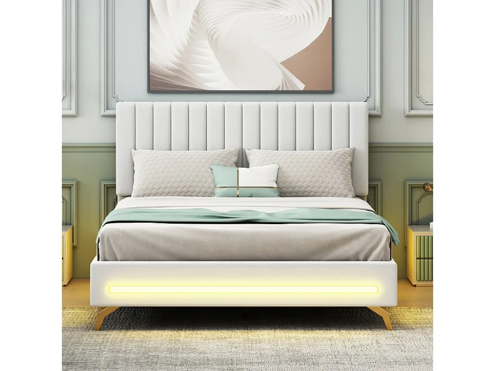 Lit adulte capitonné 140x200cm, cadre de lit avec lampes LED, sommier à lattes, tête de lit réglable, tissu velours, pour...