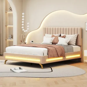 Lit adulte capitonné 140x200cm, cadre de lit avec lampes LED, sommier à lattes, tête de lit réglable, tissu velours, pour...