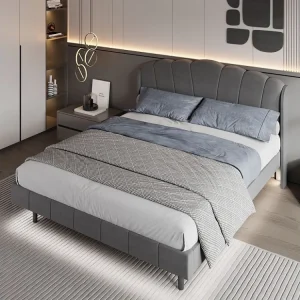Lit adulte rembourré, avec lampes LED sensibles aux mouvements, sommier à lattes et tête de lit, gris 160x200cm