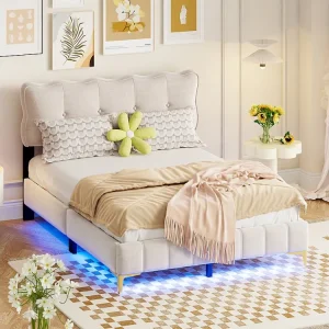 Lit adulte en tissu velours, lit double capitonné avec LED, sommier à lattes, tête de lit, pieds hauts en métal ecru 140x2...