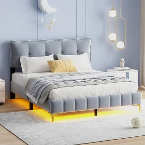 Lit adulte en tissu velours, lit duo capitonné avec LED, sommier à lattes, tête de lit, pieds hauts en métal gris 160x200cm