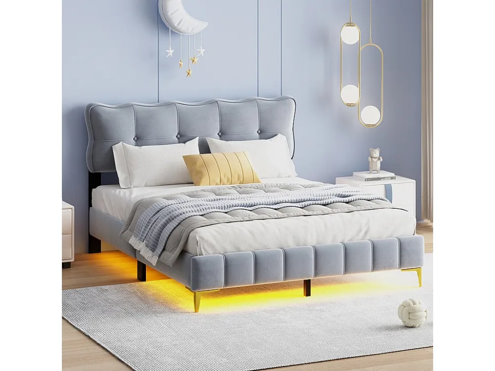 Lit adulte en tissu velours, lit duo capitonné avec LED, sommier à lattes, tête de lit, pieds hauts en métal gris 160x200cm