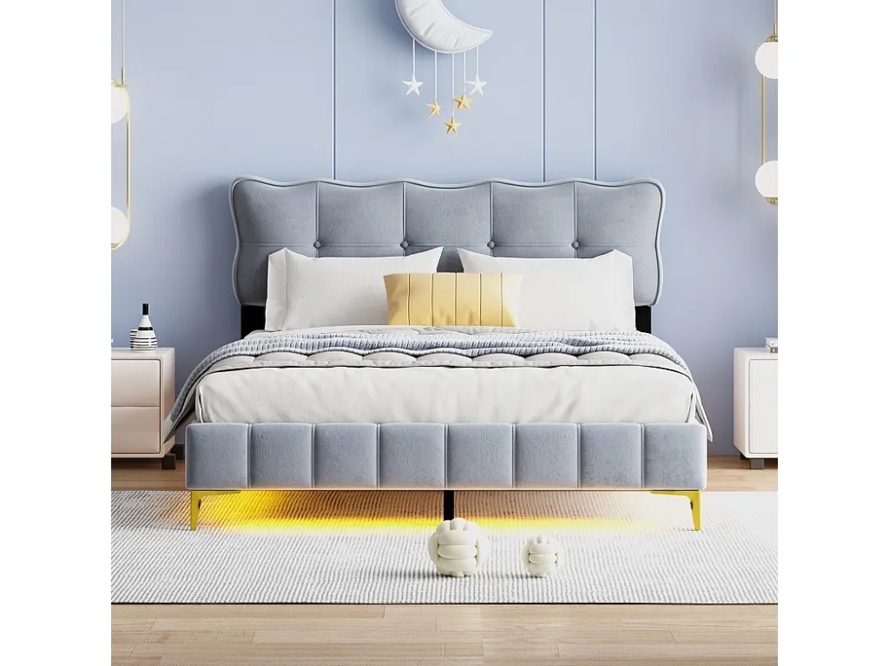 Lit adulte en tissu velours, lit duo capitonné avec LED, sommier à lattes, tête de lit, pieds hauts en métal gris 160x200cm