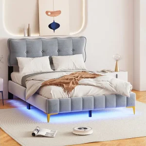 Lit adulte en tissu velours, lit tweeling capitonné avec LED, sommier à lattes, tête de lit, pieds hauts en métal gris 140...