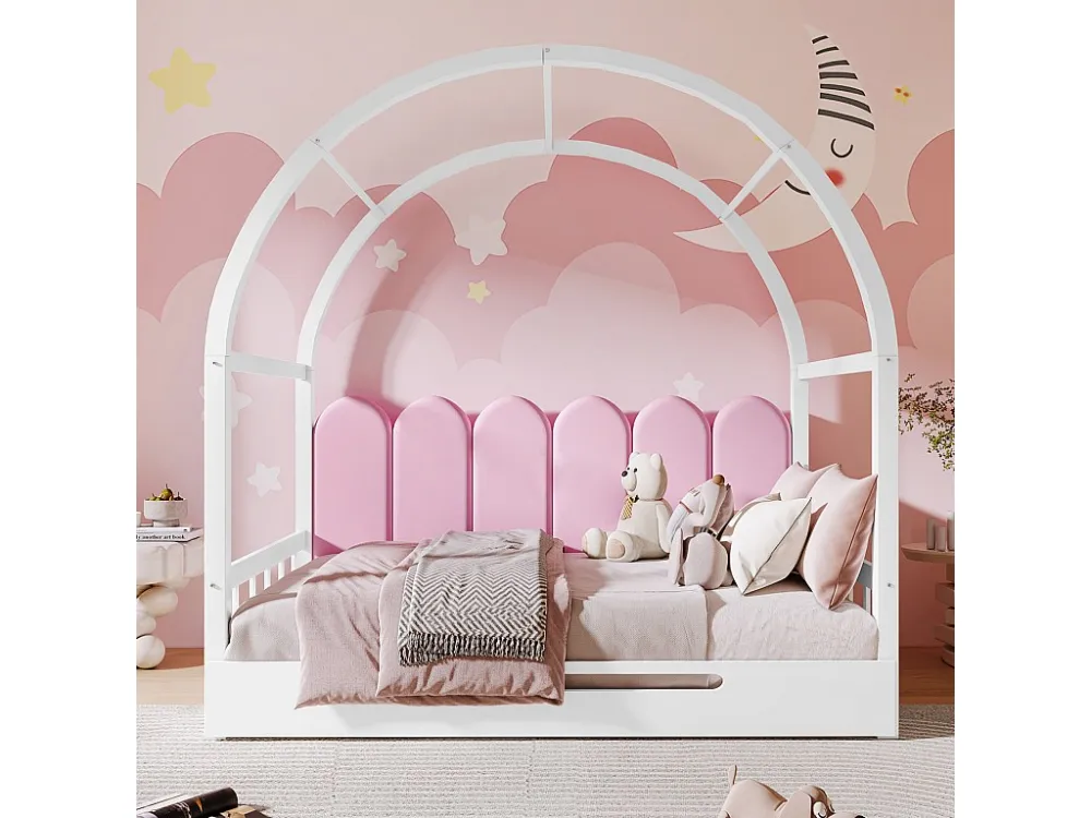 Lit cabane à Toit Arqué Extensible, Coussins en Velours, Cadre en Bois de Pin, Blanc+Rose 140 x 100 cm/140 x 200 cm