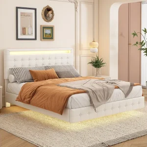 Lit double 140x200cm, lit adulte LED avec sommer à lattes et tête de lit réglable de la hauteur, matériau PU+MDF, blanc