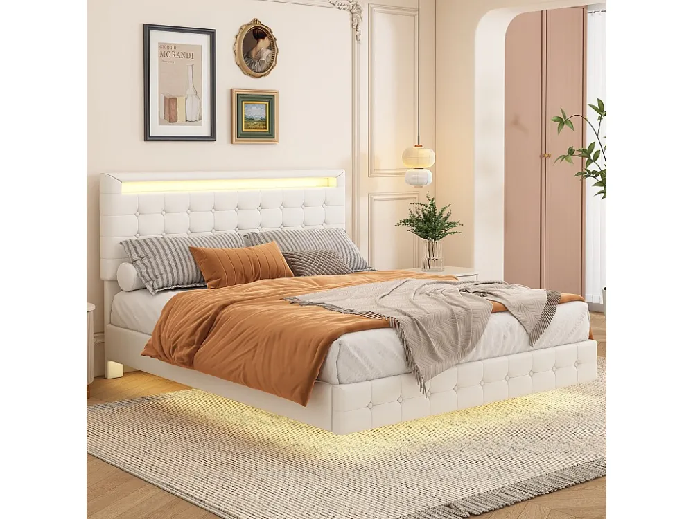 Lit double 140x200cm, lit adulte LED avec sommer à lattes et tête de lit réglable de la hauteur, matériau PU+MDF, blanc