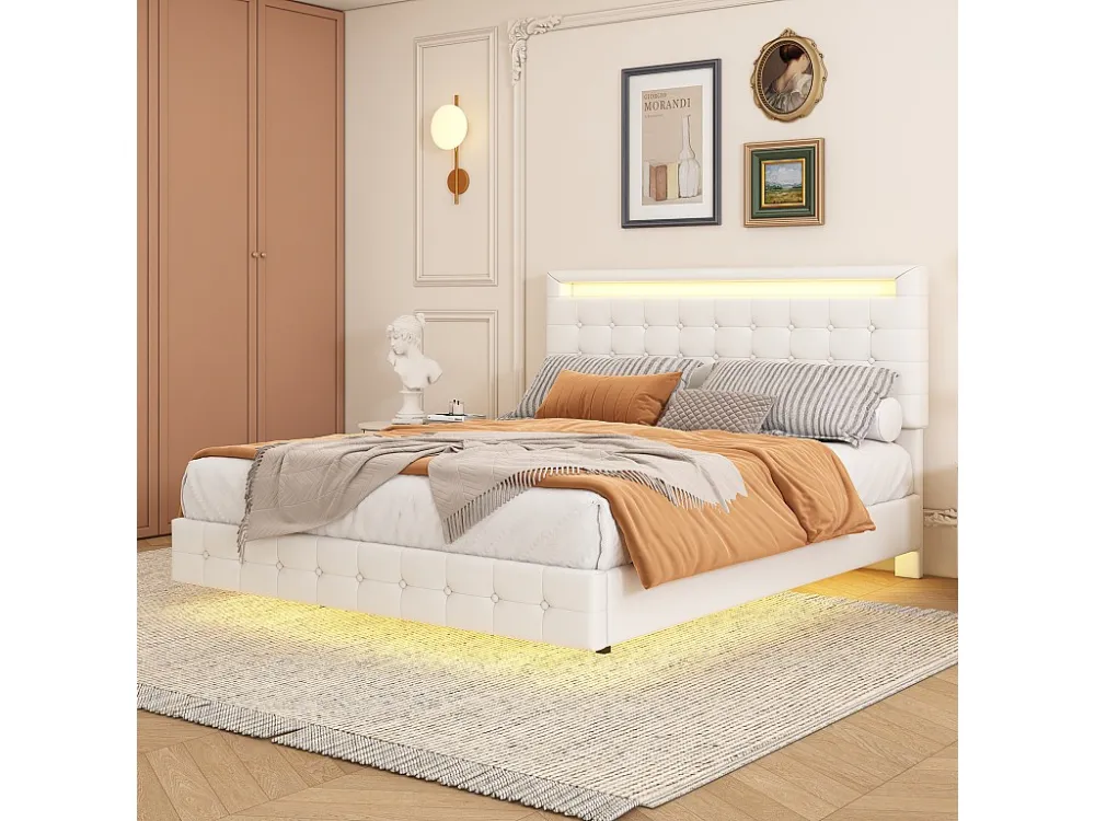 Lit double 140x200cm, lit adulte LED avec sommer à lattes et tête de lit réglable de la hauteur, matériau PU+MDF, blanc