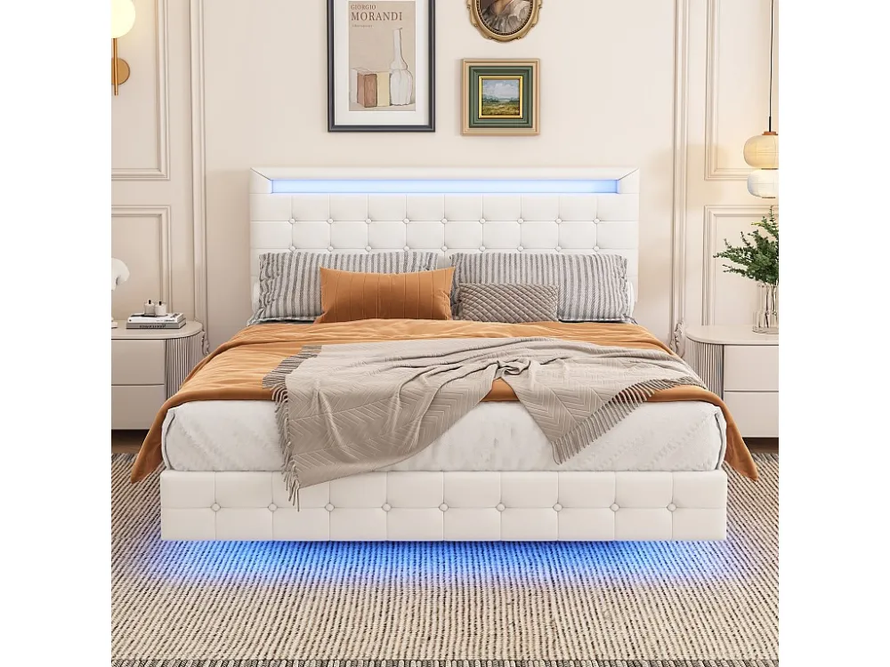 Lit double 140x200cm, lit adulte LED avec sommer à lattes et tête de lit réglable de la hauteur, matériau PU+MDF, blanc
