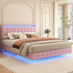 Lit double 140x200cm, lit adulte LED avec sommer à lattes et tête de lit réglable de la hauteur, matériau PU+MDF, rose