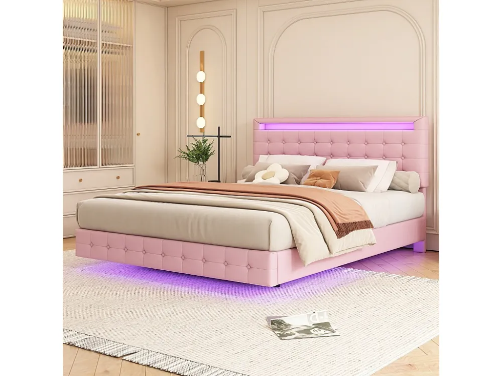 Lit double 140x200cm, lit adulte LED avec sommer à lattes et tête de lit réglable de la hauteur, matériau PU+MDF, rose