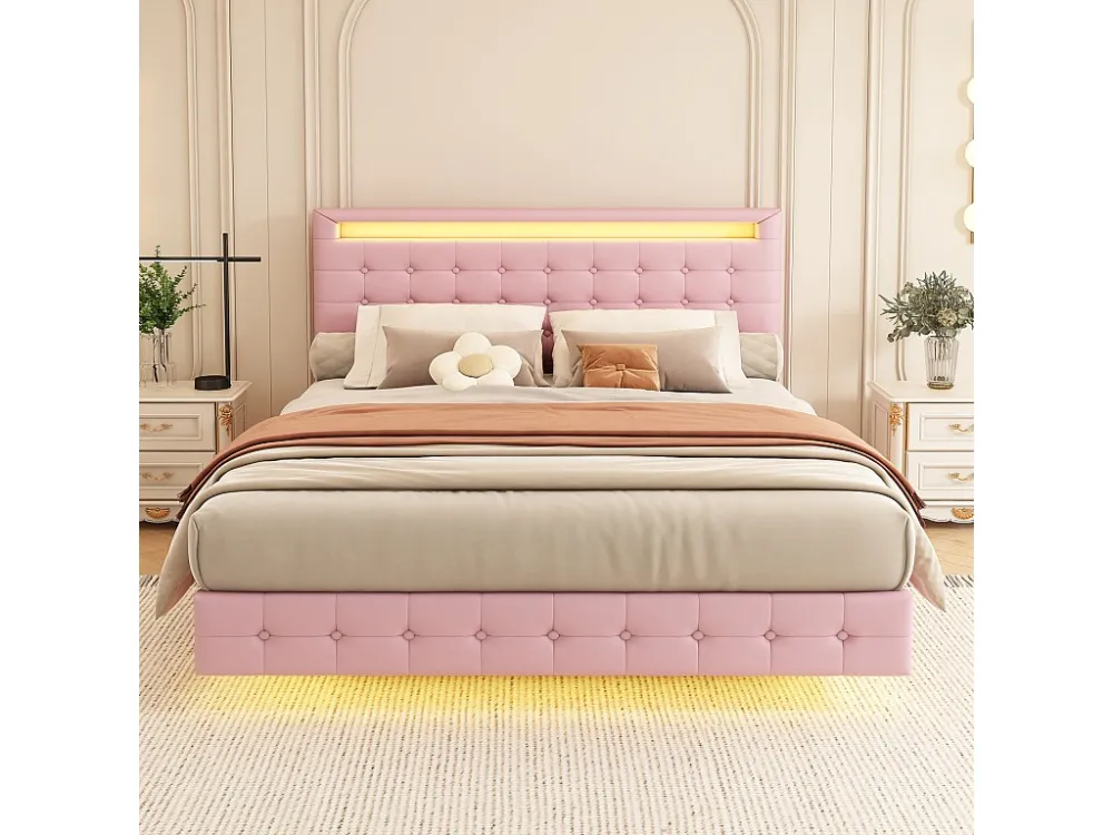 Lit double 140x200cm, lit adulte LED avec sommer à lattes et tête de lit réglable de la hauteur, matériau PU+MDF, rose