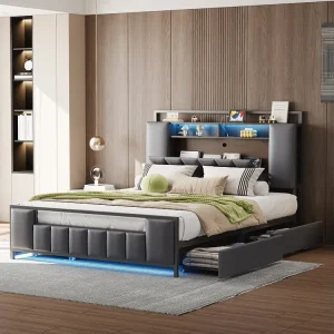 Lit double capitinné, cadre en fer avec LED, prise USB, 4 tiroirs, sommier à lattes et tête de lit rangement, simili cuir,...