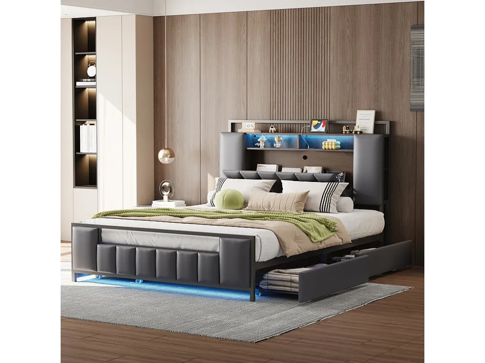 Lit double capitinné, cadre en fer avec LED, prise USB, 4 tiroirs, sommier à lattes et tête de lit rangement, simili cuir,...