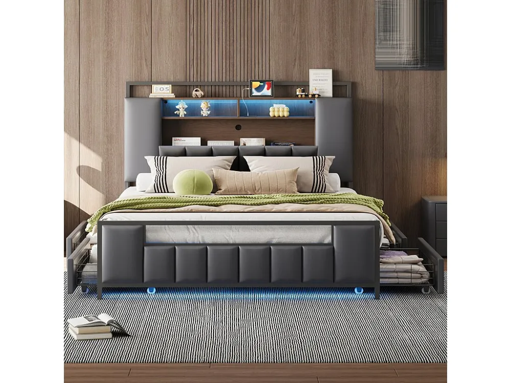 Lit double capitinné, cadre en fer avec LED, prise USB, 4 tiroirs, sommier à lattes et tête de lit rangement, simili cuir,...