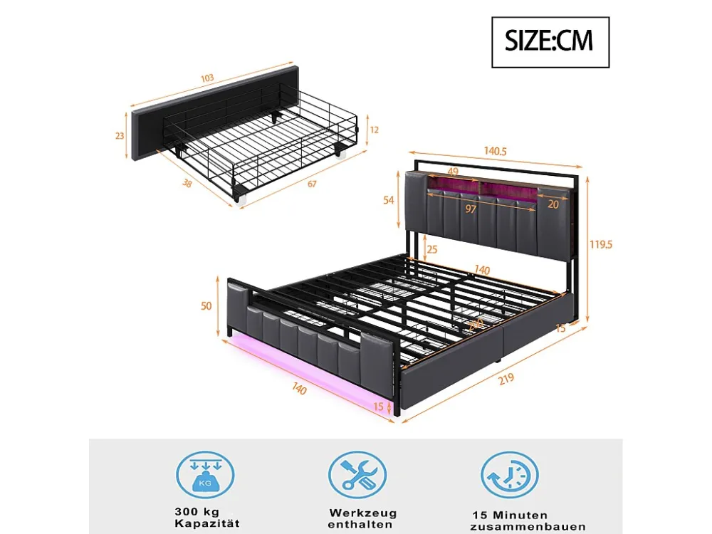 Lit double capitinné, cadre en fer avec LED, prise USB, 4 tiroirs, sommier à lattes et tête de lit rangement, simili cuir,...