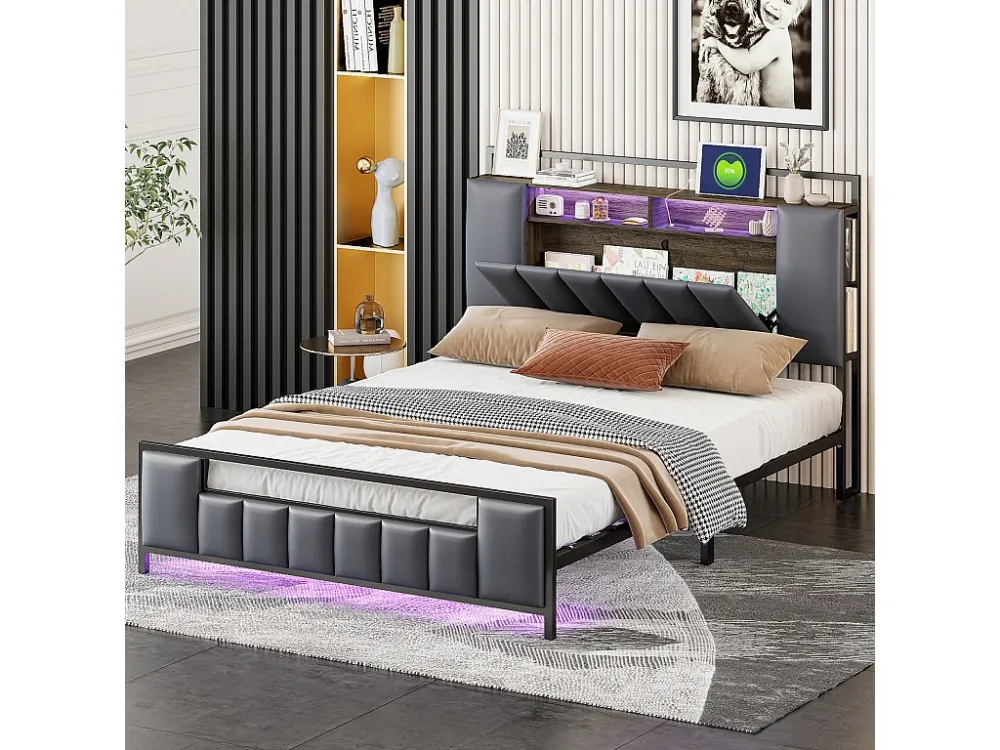 Lit double LED, avec prise USB, sommier à lattes et tête de lit, cadre en fer, simili cuir, gris, 140x200cm