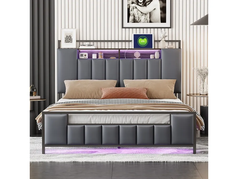 Lit double LED, avec prise USB, sommier à lattes et tête de lit, cadre en fer, simili cuir, gris, 140x200cm
