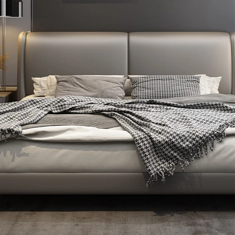 Modern Panel Bed Upholstered Headboard Grey Effen Wood Bed Frame