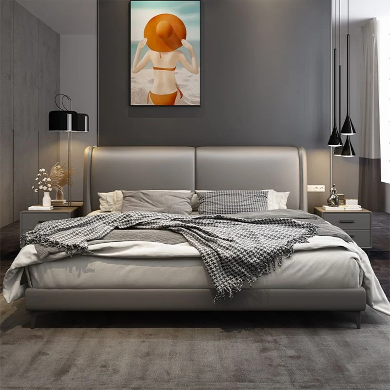 Modern Panel Bed Upholstered Headboard Grey Effen Wood Bed Frame