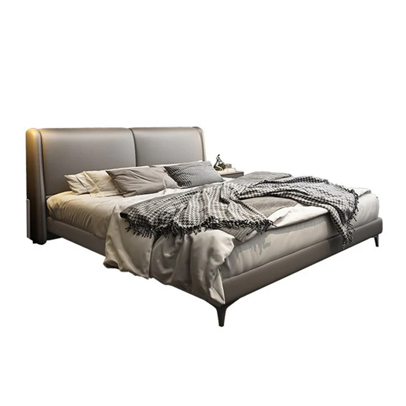 Modern Panel Bed Upholstered Headboard Grey Effen Wood Bed Frame