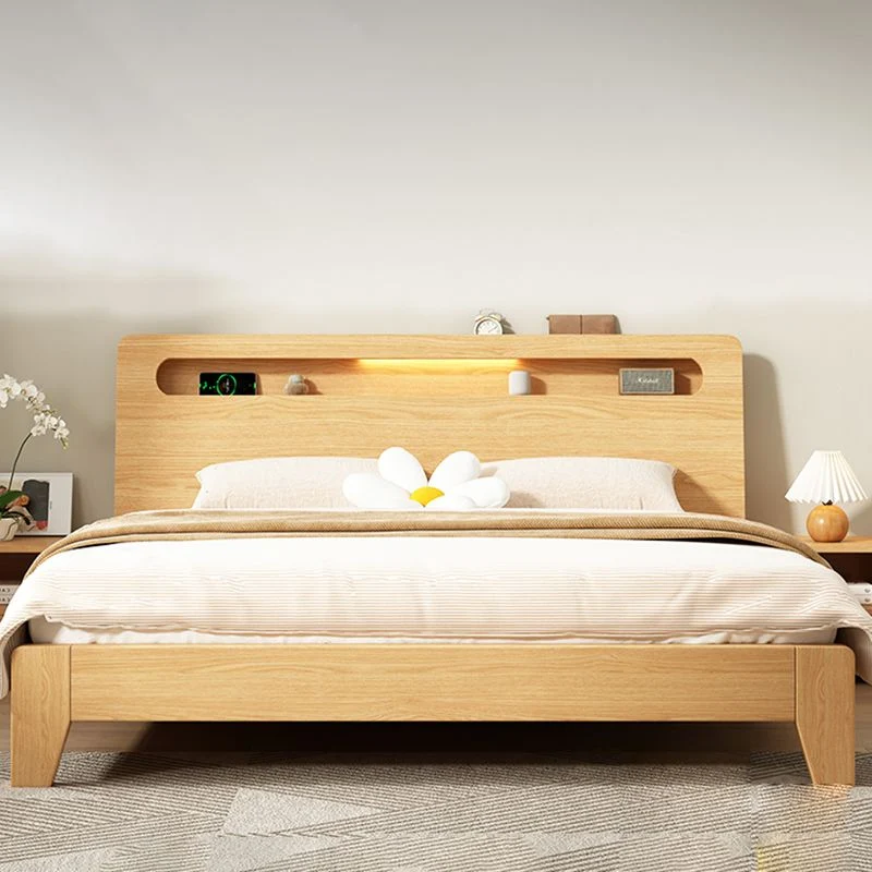 Natural Solid Wood Panel Bed Headboard Basis Bed Shelves