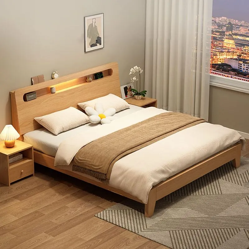 Natural Solid Wood Panel Bed Headboard Basis Bed Shelves