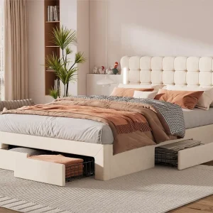 Tweepersoonsbed 140x200 cm fluweel - met LED en 4 lades aan het voeteneind - Ecru