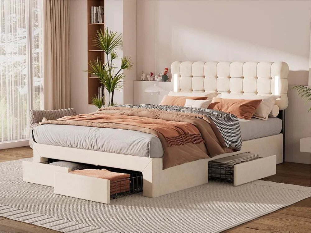Tweepersoonsbed 140x200 cm fluweel - met LED en 4 lades aan het voeteneind - Ecru