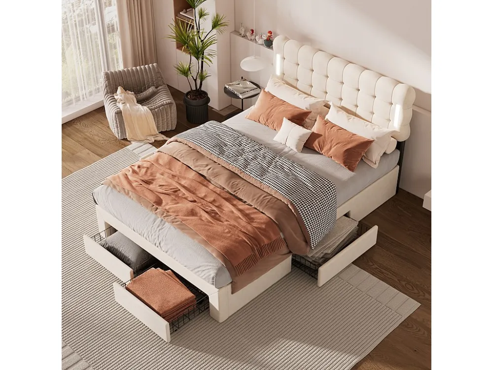 Tweepersoonsbed 140x200 cm fluweel - met LED en 4 lades aan het voeteneind - Ecru