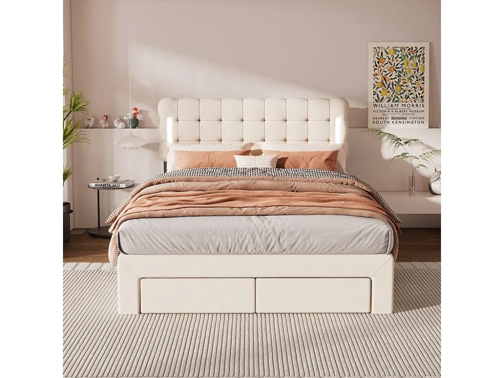 Tweepersoonsbed 140x200 cm fluweel - met LED en 4 lades aan het voeteneind - Ecru