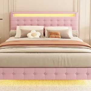 Volwassen bed 140x200cm - met LED en afstandsbediening - kunstleer - Roze