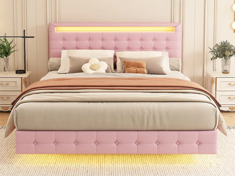 Volwassen bed 140x200cm - met LED en afstandsbediening - kunstleer - Roze