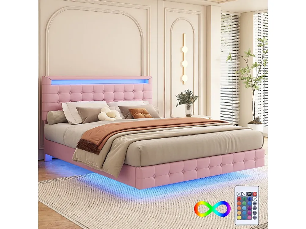 Volwassen bed 140x200cm - met LED en afstandsbediening - kunstleer - Roze