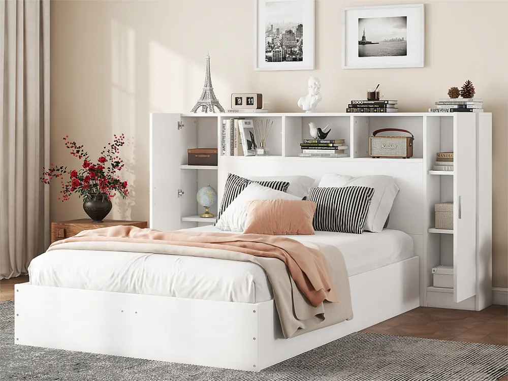 Volwassen bed 140x200cm - met opberghoofd - MDF - Wit