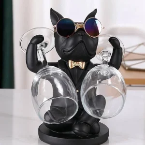 Franse Bulldog Beeld – Chique Decoratief Beeld – Wijnfleshouder - Zwart Goud - Resin - Wijnrek - Art Sculptuur