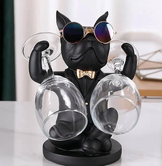 Franse Bulldog Beeld – Chique Decoratief Beeld – Wijnfleshouder - Zwart Goud - Resin - Wijnrek - Art Sculptuur