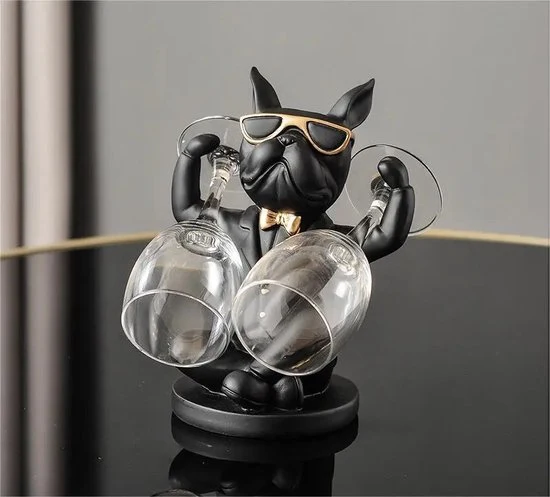 Franse Bulldog Beeld – Chique Decoratief Beeld – Wijnfleshouder - Zwart Goud - Resin - Wijnrek - Art Sculptuur