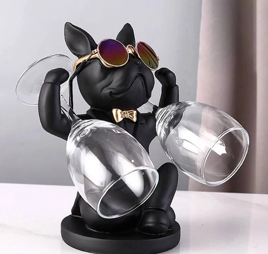 Franse Bulldog Beeld – Chique Decoratief Beeld – Wijnfleshouder - Zwart Goud - Resin - Wijnrek - Art Sculptuur
