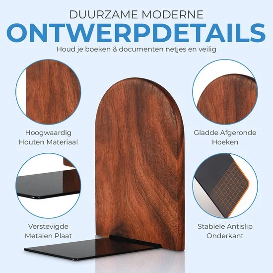 NovaWare® Boekensteun - 4 Stuks - Boekensteunen - Plank Organizer - Boekenhouder – Boekenrek - Boeksteun - Walnoothout