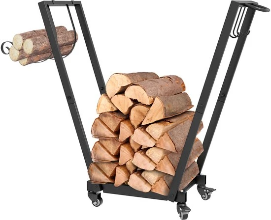 Haardhoutrek Metaal Verrijdbaar met wielen - 79 x 30 x 81 cm - zwart