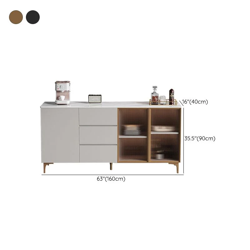 35.4" High Glass Doors Dining Buffet Grijs Sideboard Drawers and Storage met Stoelen Set 31l